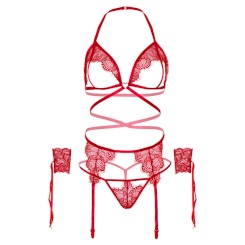 Leg avenue - four kpl setti bra, g-string, sukkanauhaliivi & rannelenkit  - yksi koko - red 4